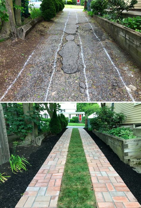 Before And After Of My DIY Driveway. I Made The Paving Stones And The Driveway Diy Brick Driveway Ideas, Diy Driveway Landscaping, Slanted Driveway Ideas, Driveway To Backyard Garage, Eco Friendly Driveway Ideas, Incline Driveway Ideas, Cheapest Driveway Ideas, Easy Driveway Ideas Diy Projects, Backyard Driveway Ideas