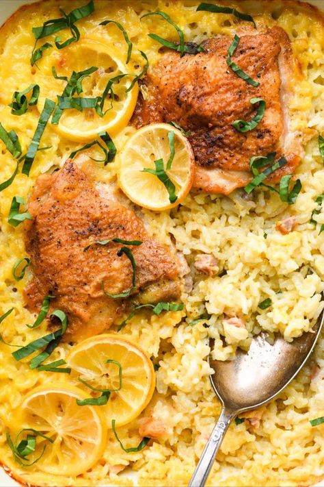 Creamy Lemon Chicken And Rice, Lemon Chicken And Rice Casserole, Lemon Chicken And Rice, Chicken And Rice Casserole Recipe, Rice Bake Recipes, Lemon Chicken Rice, Panko Crusted Chicken, Chicken Rice Bake, Baked Lemon Pepper Chicken