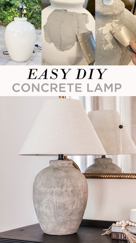 DIY Concrete Lamp Diy Oak Nightstand, Diy Vase To Lamp, Zen Diy Decor, Diy Stone Decor, Diy Lamp From Vase, Organic Modern Table Decor, Diy Clay Pottery, Ikea Lamp Makeover, Distressed Lamps