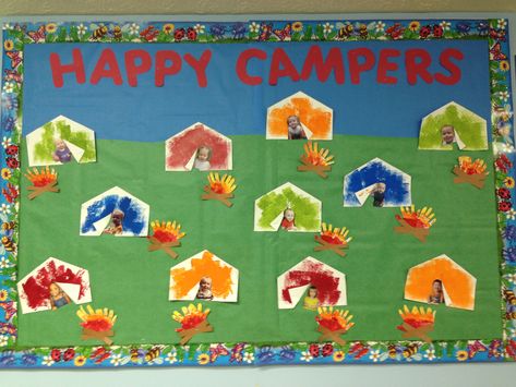 Camping bulletin board Camping Bulletin Board, Preschool Camping Activities, Camping Crafts Preschool, Camping Bulletin Boards, Preschool Door Decorations, Daycare Bulletin Boards, Toddler Bulletin Boards, Camping Preschool, Camping Theme Preschool