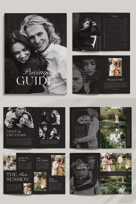 32-page Photography Client Welcome Guide and Session Pricing Magazine template for CANVA. You can use this template to create photography session guide magazines, wedding + engagement package pricing guides, wedding portfolio albums, Client welcome packets, couples booklets and marketing brochures. This template is perfect for wedding, family and couples photographers, is editable online in CANVA and comes in US letter and A4 sizes. Photography Welcome Guide, Wedding Magazine Template, Marketing Brochure, Wedding Brochure, Welcome Packet, Pricing Guides, Wedding Portfolio, Photography Pricing, Wedding Family