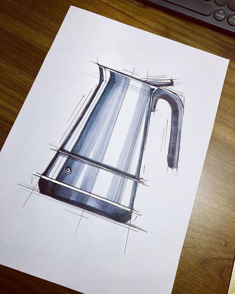 Gautham Ravikiran on Instagram: "DAY 21 : COFFEE POT Today I sketched a coffee pot taking reference from one of the sketches of my inspirer,teacher and fair to say the god of design sketching @marius.kindler . I know I still have a long way to go but I just wanted to take a moment to say that I am so grateful for taking up and completing l his design sketching course! It’s really helped me improve my sketching skills and I highly recommend you all to take it up as well! . #sketch #sketchy #mar Easy Product Design Sketches, Industrial Design Sketch Products, Marius Kindler, Well Sketch, Product Design Drawing, Product Design Rendering, Metal Sketch, Sketch Up, Industrial Sketch