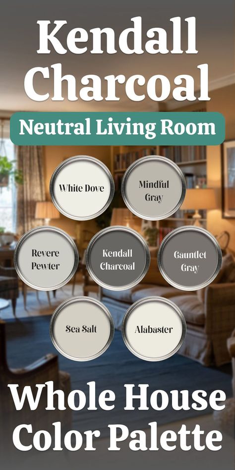 Kendall Charcoal Neutral Living Room Color Palette by Sherwin Williams Neutral Living Room Paint Colors, Top Neutral Paint Colors, Neutral Living Room Paint Color, Neutral Living Room Paint, Neutral Living Room Colors, Living Room Color Palette, Room Color Palettes, Mindful Gray Sherwin Williams, Room Color Palette