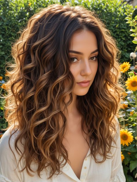 Natural Curly Brunette Hair, Light Brown Balayage Long Hair, Low Light Highlights, Caramel Bronde Balayage Brunettes, Lowlights Before And After, Hair Color Ideas For Brunettes Curly, Wavy Hair Balayage, Wavy Hair Brunette, Pelo Ondulado Natural