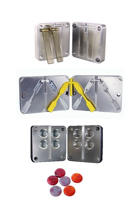 Small aluminum injection molds made with CNC machine. For use with desktop injection molder. Injection Moulding Process, Plastic Injection Molding, Injection Moulding, Frame Set, Mold Making, Cnc Machine, Archery, Product Design, Molding