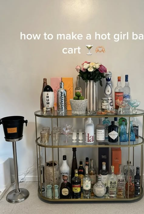 Drink Area In Living Room, Apartment Mini Bar Ideas, Mini Bar At Home Aesthetic, Bar Space In Living Room, Valentines Bar Cart, Alcohol Organization Ideas, Mini Bar Aesthetic, Mini Bar Bedroom, Bar Cart Set Up