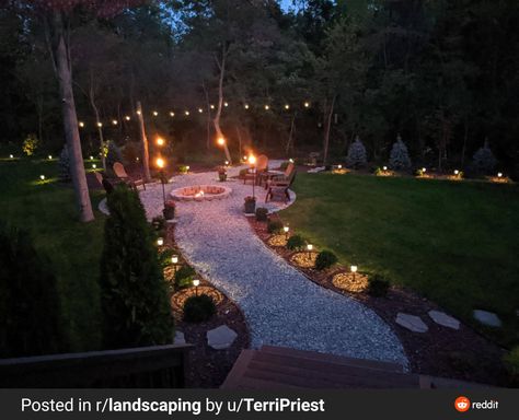 Tiki Torches Backyard, Fire Pit Lighting, Diy Backyard Patio, Fire Pit Landscaping, Gravel Path, Backyard Remodel, Tiki Torches, Backyard Inspiration, Backyard Diy Projects