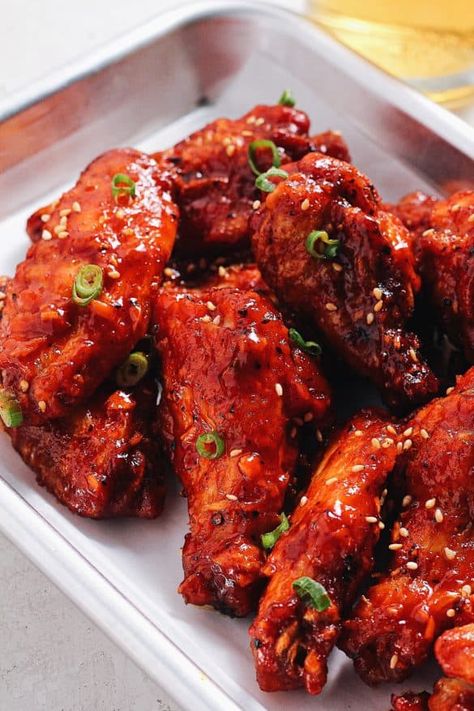 Sweet and Spicy Gochujang Wings - Whisper of Yum Korean Crispy Chicken, Gochujang Wings, Lava Sauce, Whisper Of Yum, Honey Rice, Wings Recipe Baked, Best Chicken Dishes, Tiffin Recipe, Baked Avocado