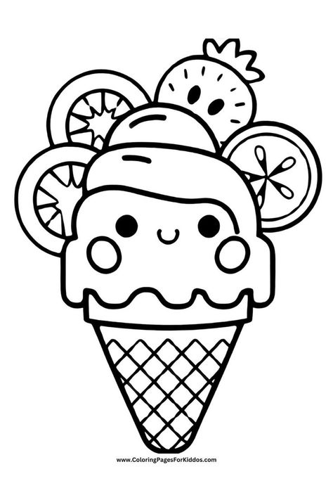 A smiling ice cream cone with citrus slices and a strawberry on top. Icecream Coloring Page, Relaxing Coloring Pages Free Printable, Coloring Ice Cream, Ice Cream Coloring Page Free Printable, Ice Cream Template Free Printable, Coloring Pages For Kids Free Printable, Free Printable Coloring Pages For Kids, Coloring Pages Ice Cream, Summer Coloring Pages Free Printable