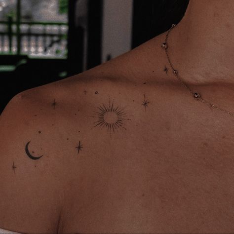 Celestial Shoulder Tattoo, Woman’s Chest Tattoo, Tattoo Ideas Female Stars, Lunar Tattoo Ideas, Tattoo Size Chart Inches, Tattoo Ideas Female Moon, Colorbone Tattoos Women, Mid Chest Tattoo, Sun On Shoulder Tattoo