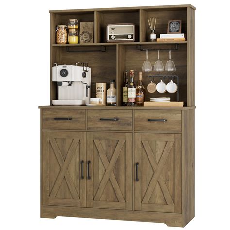 PRICES MAY VARY. Large Storage Space: The tall hutch cabinet can help to create a tidy and organized home with the functional areas divided to meet different storage needs: 3 open compartments for easy access and display, spacious tabletop for microwave or coffee maker, 3 handy drawers and bottom cabinet for kitchen utensils Versatile Buffet Cabinet: Designed with versatility in mind, this buffet cabinet with storage is not limited to the kitchen or dining room, but can also be used as a coffee Farmhouse Kitchen Buffet, Tall Hutch, Cabinet For Dining Room, Living Room Rustic, Coffee Bar Station, Hutch Cabinet, Country Kitchen Cabinets, Buffet Hutch, Bar Station