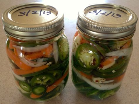 Pickled Peppers - Jalapeño, Onion, Carrot and Garlic~ | theGREENhs Fermenting Carrots, Canning Hot Peppers, Pickled Jalapeno Recipe, Canning Zucchini, Canning Jalapeno Peppers, Pickled Pepper Recipe, Pickled Carrots Recipe, Recipes With Banana Peppers, Canning Peppers