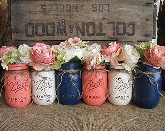 Fall Mason Jars, Blue Mason Jars, Coral Navy, Rustic Mason Jars, Fall Wedding Centerpieces, Ball Mason Jars, Rustic Centerpieces, Rustic Wedding Centerpieces, Coral Wedding