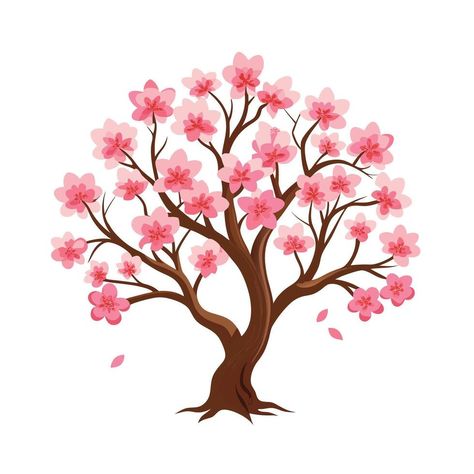 Beautiful Single Big Tree Illustration Sakura Tree Illustration, Tree With Pink Flowers, Sakura Illustration, Flowers Sakura, Tree Cartoon, Pink Flowering Trees, Leaf Designs, Tree Saw, Blossom Tree