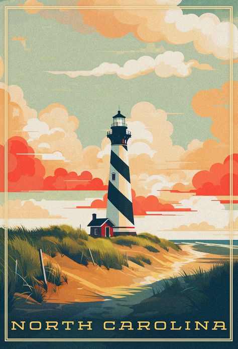 North Carolina Art Print, North Carolina Illustration, North Carolina Wallpaper, Lighthouse Nursery, Light House Art, Lighthouse Graphic, North Carolina Poster, Lighthouse Illustration, Nc Lighthouses