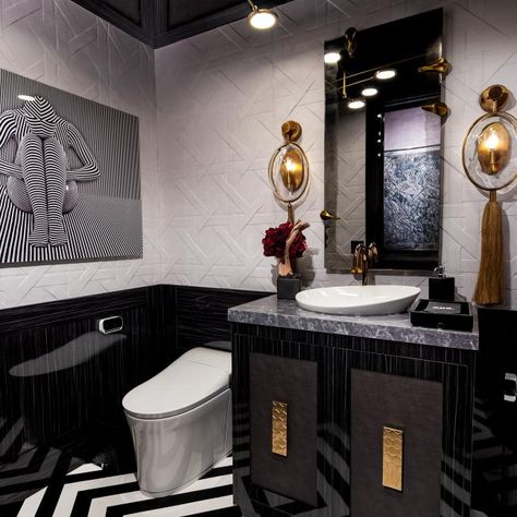 Black-and-White Hollywood Regency Bathroom With a Pop of Pink | HGTV Deco Powder Room, Art Deco Powder Room, Regency Bathroom, Hollywood Regency Bathroom, Powder Room Ideas, Frame Photography, Regency Decor, Hollywood Regency Decor, Arteriors Home