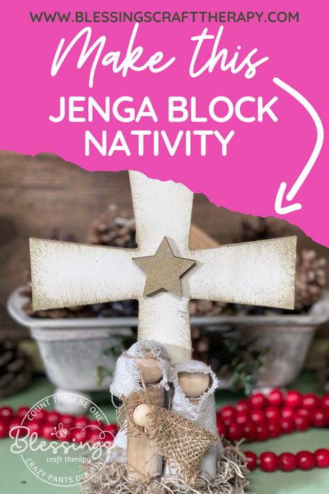 Crafts With Jenga Blocks Dollar Stores, Jenga Nativity Ornament, Jenga Block Nativity Ornaments, Easy Diy Nativity Scene, Dollar Store Jenga Block Crafts Christmas, Christmas Crafts Jenga Blocks, Jenga Nativity, Dollar Tree Nativity Crafts, Christmas Crafts With Jenga Blocks