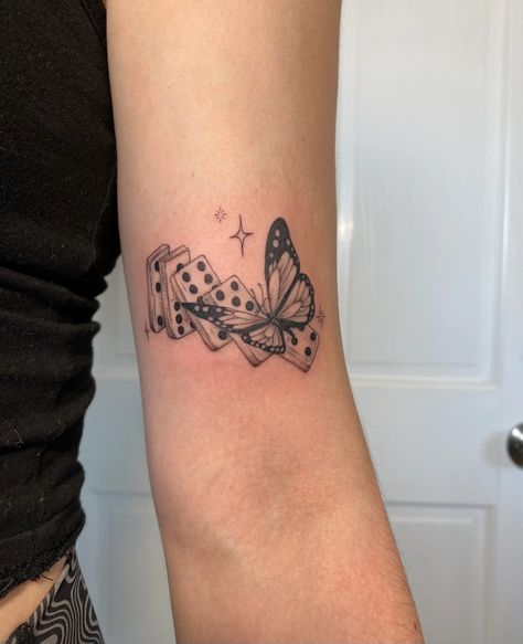 Cool Tats Women, Simply Cute Tattoos, Butterfly And Dominos Tattoo, Domino Butterfly Tattoo, The Butterfly Effect Tattoo, Half Wrist Tattoos For Women, Small Cheap Tattoos Ideas, Butterfly Domino Tattoo, Intellectual Tattoos