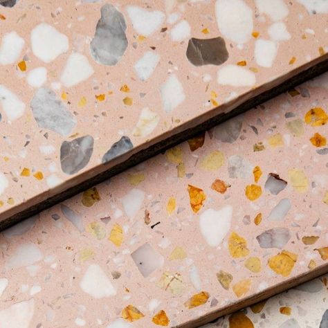 Zia Tile Unglazed Natural, Terrazzo Bathroom Floor Tilebar, Terrazo Flooring With Brass Inlay, Orange Terrazzo, Yellow Terrazzo, Zia Tile, Rainbow Tile, Terrazzo Design, Dream Master