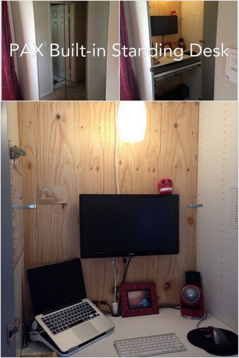 A Standing Desk Built into the PAX wardrobe - IKEA Hackers - IKEA Hackers Ikea Pax Cloffice, Ikea Pax Desk Hack, Pax Desk Hack, Ikea Pax With Desk, Diy Cubby, Wardrobe Ikea, Cloffice Ideas, Ikea Wardrobe Hack, Hackers Ikea