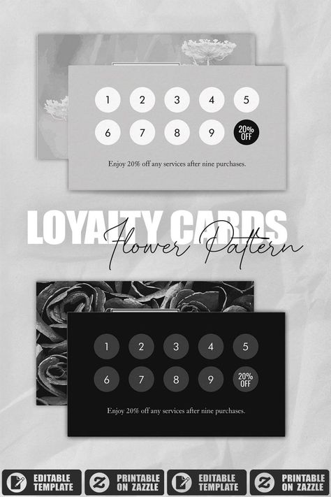 Modern and simple loyalty cards for your small business, endtable and printable on Zazzle.com - follow the link. :) Esthetician Supplies, Card Black And White, Discount Design, Loyalty Cards, Vip Card, Salon Business, Black And White Flowers, Nail Patterns, Customizable Gifts