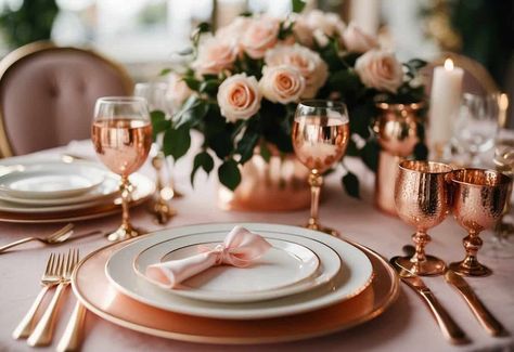 Discover how to incorporate the timeless beauty of rose gold into your wedding for an elegant and romantic celebration. Rose Gold Charger Plates, Gold Utensils, Rose Gold Wedding Ideas, Rose Gold Wedding Decor, Fall Wedding Tables, Wedding Rose Gold, Creative Wedding Favors, Gold Wedding Ideas, Gold Lanterns