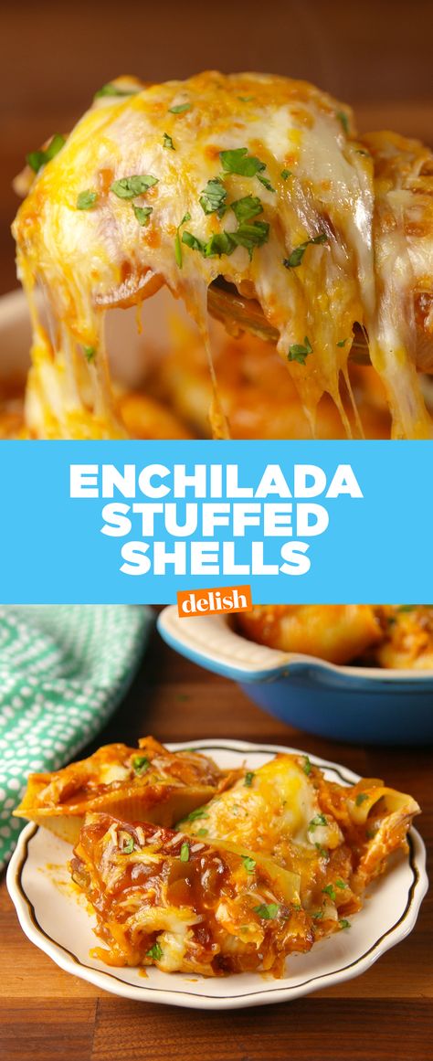 Enchilada Stuffed Shells will make you believe in love again. Get the recipe from Delish.com. Enchilada Shells, Enchilada Stuffed Shells Recipe, Enchilada Stuffed Shells, Chicken Food Recipes, Jumbo Shells, Shells Stuffed, Shells Recipe, Mexican Dish, Pasta Shells