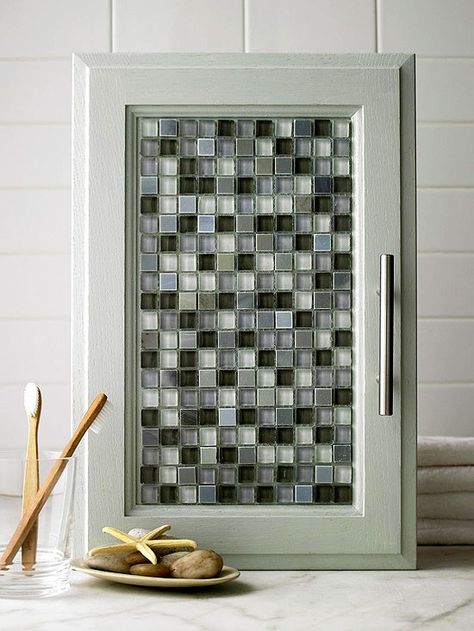 DIY Tiled cabinet door | Lay mesh-back tile on cabinet doors! No grout! | DIY Bathroom Cabinet Makeover, Bathroom Cabinets Diy, Diy Kitchen Projects, Update Cabinets, Old Cabinets, Cabinet Makeover, Diy Interior, Kitchen Redo, Style Tile