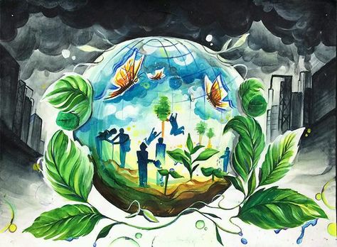 Earth Art Drawing, Save Earth Drawing, Save Water Poster Drawing, Earth Day Drawing, Art Competition Ideas, Mother Earth Art, Earth Drawings, Environment Painting, Drawing Competition