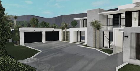 Concrete House Bloxburg, Bloxburg Realistic House Modern, Bloxburg Modern Garage, Bloxburg Modern Entrance, Bloxburg Front Garden Ideas, Realistic Bloxburg Builds, Bloxburg Modern Houses, Rich Bloxburg House, Bloxburg Realistic House Layout