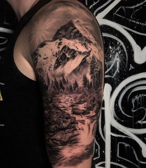 Mountain Back Tattoos Men, Mountain Shoulder Tattoo Men, Mountain Leg Tattoo Men, Mens Mountain Tattoo Half Sleeves, Mountain Half Sleeve Tattoo, Landscape Back Tattoo, Mountain Shoulder Tattoo, Mens Mountain Tattoo, Forest Mountain Tattoo