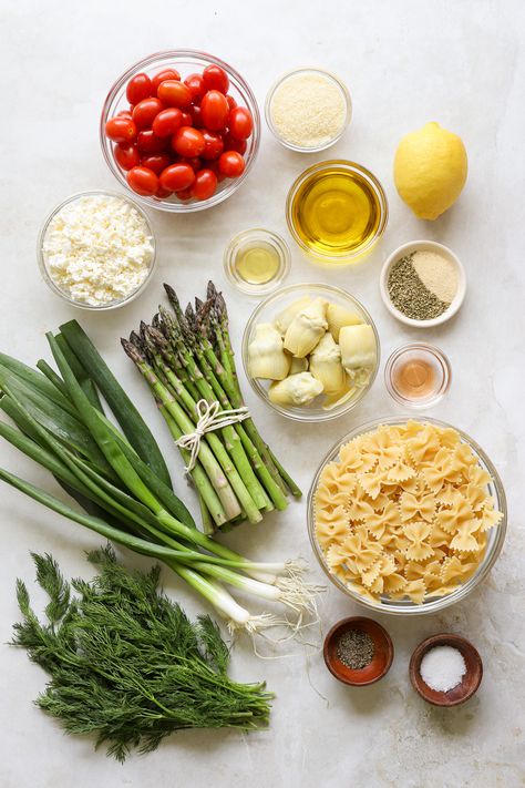 15-Minute Artichoke & Asparagus Pasta Salad - The Natural Nurturer Cooked Asparagus, Canned Artichoke, Cherry Tomatoes Feta, Asparagus Pasta Salad, Natural Nurturer, Shaped Pasta, Veggie Pasta Salad, Mediterranean Flavors, Vegetarian Mains