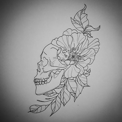 tattoo idea skull flower drawing Delicate Skull And Flower Tattoo, Skull Flower Drawing, Skull With Flowers Tattoo, Cheyenne Tattoo, Skull Flower Art, Bambi Tattoo, Flower Neck Tattoo, Tattoo Designs Drawings, Delicate Flower Tattoo