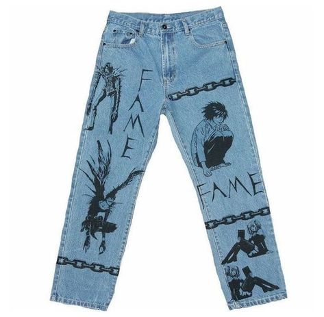 Painted Jeans Aesthetic, Painting On Jeans, Anime Jeans, Anime Pants, Jeans Aesthetic, Diy Pants, Painted Clothes Diy, Custom Jeans, Anime Inspired Outfits