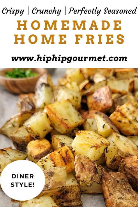 crispy seasoned home fries on a parchment lined baking sheet, ramekin of fresh chopped parsley and ketchup in the background Oven Baked Home Fries, Home Fries Recipe Oven, Homemade Fries In Oven, Oven Home Fries, Homemade Home Fries, Fries Recipe Oven, Fresh Cut Fries, Homemade Fries, Potatoes In Oven