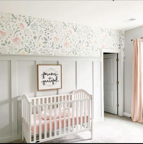 Baby Girl Nursery Theme, Nursery Wallpaper Accent Wall, Serene Nursery, Board And Batten Accent Wall, Batten Accent Wall, Girl Nursery Wallpaper, Baby Nursery Design, Nursery Accent Wall, Baby Room Themes