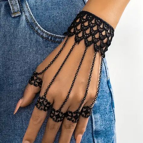 Black Fingers, Hand Harness, Finger Bracelets, Gothic Bracelet, Lace Bracelet, Ring Bracelet Chain, Woman Personality, Nail Ring, Estilo Punk