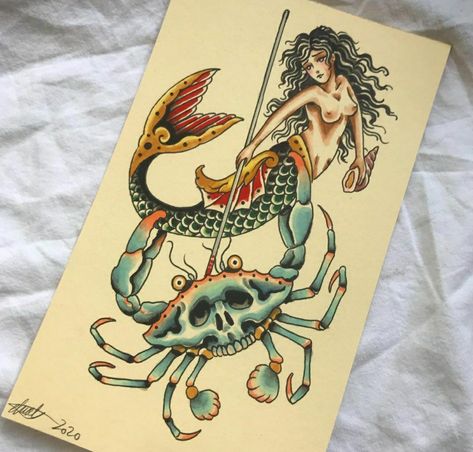 Pirate Pinup Tattoo, Sailor Jerry Mermaid, Traditional Tattoo Stencils, Pisces Tattoo, Traditional Tattoo Inspiration, Pisces Tattoos, Mermaid Tattoo, Mermaid Tattoos, Sailor Jerry