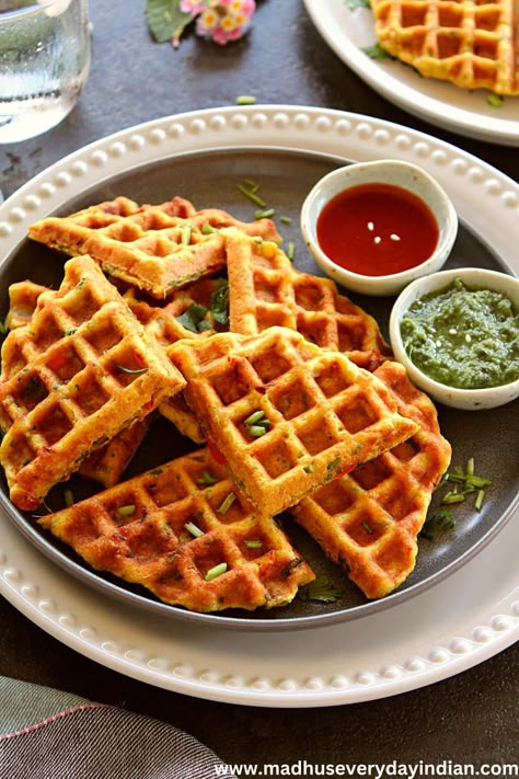 Savory Red Lentil Waffles - Madhu's Everyday Indian Vegetarian Waffle Recipe, Veggie Waffle Recipe, Lentil Waffles, Savory Vegan Waffle Recipe, Red Lentil Waffles, Vegan Filling, Savoury Waffles, Whole Wheat Vegan Waffles, Savory Waffle Recipe