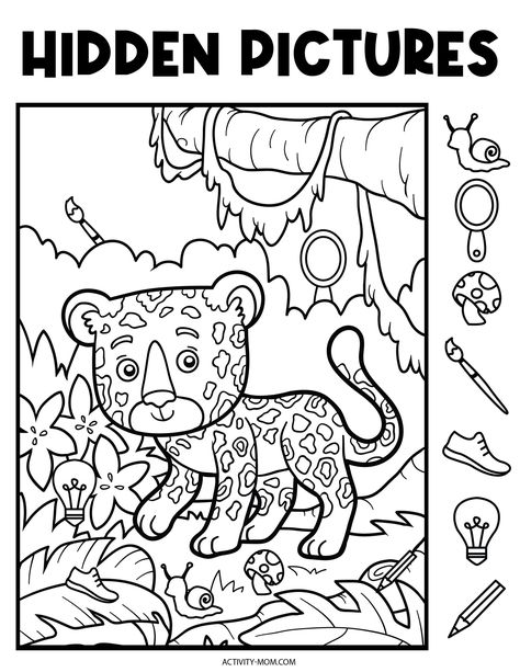 Free Hidden Pictures Printables for Kids - The Activity Mom Hidden Pictures Printables, Hidden Picture Games, Jungle Coloring Pages, Highlights Hidden Pictures, Find The Hidden Objects, Hidden Picture Puzzles, Maze Worksheet, Printable Mazes, Mazes For Kids