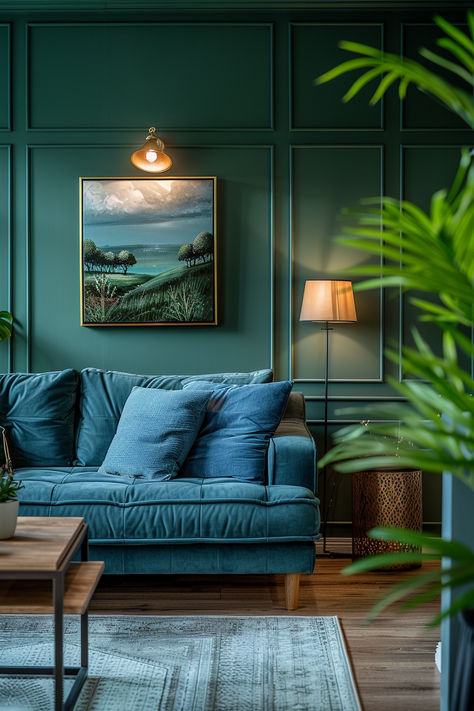 green and blue living room, blue living room with green accents, living room inspo, vibrant living room Green Living Room Blue Sofa, Blue And Green Living Room Decor, Blue Green Walls Living Room, Living Room Green Walls Interior Design, Green Blue Brown Living Room, Green Wall Blue Sofa, All Blue Living Room, Peacock Green Living Room, Dark Blue Green Walls