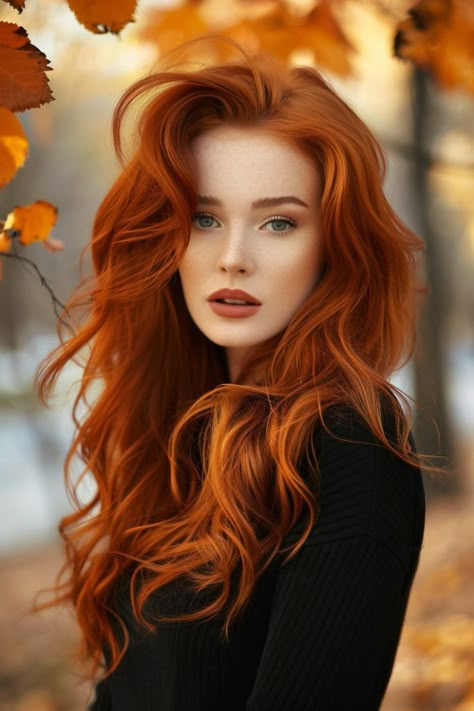 24 Fall Hair Color Ideas Perfect For Sweater Weather Natural Orange Hair Color, Red Hair Color Fall 2024, Autumn Haircolor, Blonde Hair Highlights Ideas For Blondes, Redheaded Woman, Redhead Hair Color Ideas, Read Hair, Fire Red Hair Color, Fall Fantasy Hair Color