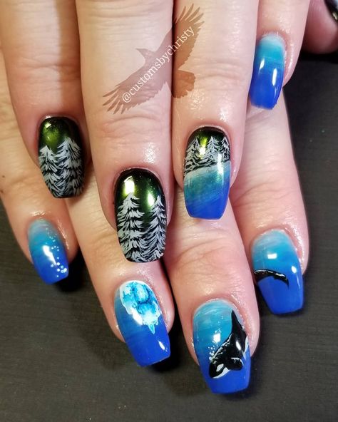 Alaska Cruise Nail Ideas, Alaska Nails Ideas, Alaska Themed Nails, Alaska Nail Art, Alaska Cruise Nails Designs, Nails For Alaska Cruise, Alaskan Cruise Nails, Alaskan Nails, Alaska Cruise Nails