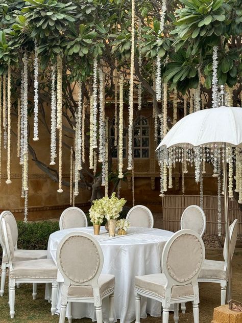 Photo of Stunning all-white decor with hanging florals and white umbrellas for an outdoor event Reception Decoration Ideas, Hanging Florals, Reception Games, Wedding Reception Games, Cocktail Wedding Reception, White Umbrella, White Indian Wedding, Indian Wedding Planning, Wedding Suits Groom