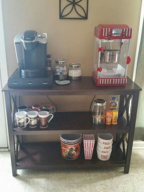 Our finished Coffee / Popcorn Bar! ❤ Popcorn Bar Home, Popcorn Bar At Home, Popcorn Station Home, Snack Bar Ideas Home, Popcorn Station, Coffee Snacks, Popcorn Bar, Popcorn Machine, Bar Storage