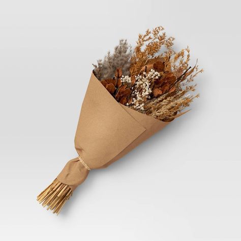 Introduce a touch of the outdoors to your fall setting with this Mixed Fall Dried Floral Preserved Bundle from Threshold™. This 20-inch preserved bundle features dried grass, dried leaves and dried flowers tied together and placed inside a paper wrap to bring a natural look to your space. Add to jars, tall vases or floral arrangements to create a welcoming display on any table. Threshold™: Looks like home, feels like you. Dried Fall Flowers, Fall Flower Bouquets Autumn, Dried Fall Bouquet, Small Fall Gifts, Dried Thanksgiving Arrangement, Dried Out Flowers, Dried Flower Thanksgiving Centerpiece, Dried Flower Bunch, Terracotta Dried Flower Bouquet