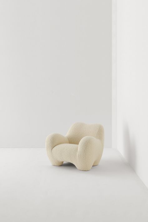 The Gummy Chair is a fully upholstered chair with generous, anthropomorphic proportions. Made using traditional upholstery techniques and all natural materials. Gummy is offered in a range of fabrics including Pierre Frey’s chunky wool bouclé “Opio” in nine colours include Natural, a light cream and Prussiana, a deep blue green. Made to order.Colour: NaturelMaterial: Ply, Springs, Hessian, Cocolok, Wool CoverTextile: OpioDimensions: 83(h) x 106(w) x 106(d) cmWeight: 25kg Additional info +Downlo Neutral Color Furniture, Lounge Armchair Design, Upholstery Techniques, Traditional Upholstery, Cream Chair, Pierre Frey Fabric, London Design Festival, Pine Furniture, Upholstered Chair