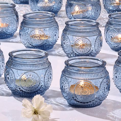 Candle Centerpieces For Home, Blue Bridal Shower Decorations, Blue Votive Candle Holders, Blue Candle Holders, Blue Candle, Blue Bridal Shower, Glass Votive Candle Holders, Bridal Shower Centerpieces, Candle Holders Wedding