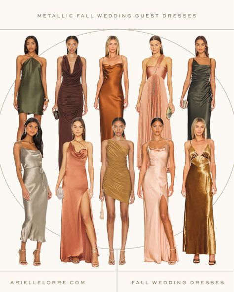 If you have a fall wedding coming up, check out some of these fall wedding guest dresses! I love that they're a silky satin fabric, they almost look metallic. Make a statement without showing up the bride in one of these dresses this fall. Tap to shop! Wedding Dress Guests, Guests Wedding Dresses, October Wedding Guest Dress Fall Classy, Fall Bridesmaid Dresses Mismatched Color Palettes, Wedding Guest Dress Colors, Brown Silk Dress Wedding Guest, Fall Dresses Wedding Guest, Fall Wedding Aesthetic Bridesmaid Dress, Dress To Wedding As A Guest