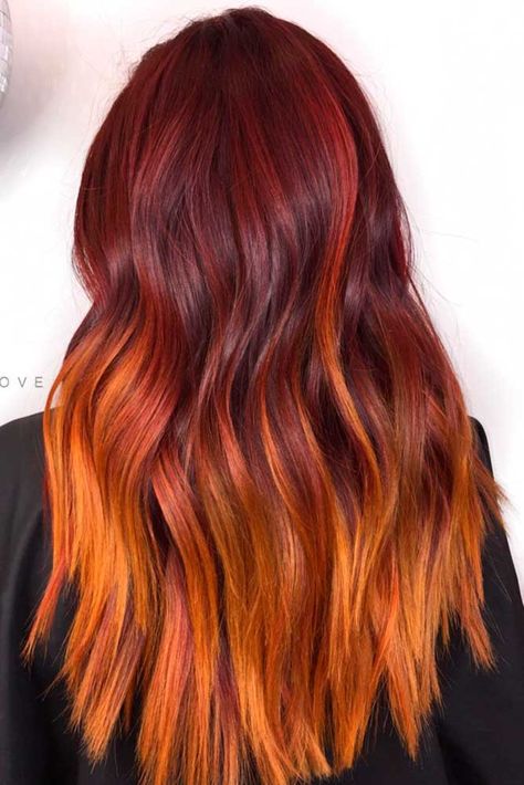 Dark Red To Orange Hair, Red To Copper Hair Ombre, Dark Red To Orange Ombre Hair, Red Hair Orange Tips, Burgundy And Orange Hair, Two Tone Red Hair, Redhead Goddess, Red And Orange Hair, Auburn Hair Color Ideas